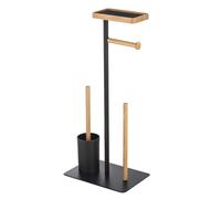 MSV Soporte de WC con escobilla, Soporte para Papel higiénico de bambú, Color Negro, 4 en 1, con Estante para toallitas húmedas y Smartphone Teiki