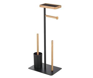 MSV Soporte de WC con escobilla, Soporte para Papel higiénico de bambú, Color Negro, 4 en 1, con Estante para toallitas húmedas y Smartphone Teiki