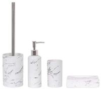 MSV Toscana - Juego de accesorios de baño (4 piezas, dispensador de jabón, escobilla, jabonera y vaso para cepillos de dientes, mármol), color blanco