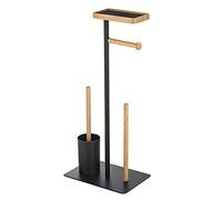 MSV Soporte de WC con escobilla, Soporte para Papel higiénico de bambú, Color Negro, 4 en 1, con Estante para toallitas húmedas y Smartphone Teiki