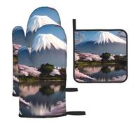 Mt. Fuji In Early Springoven - Juego de 3 guantes y soporte para ollas, guantes de cocina resistentes al calor y aislados para cocinar.