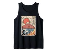 MT Fuji Japón Vintage Kawaguchi Lake Sun Retro Kanji Diseño Camiseta sin Mangas