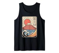 MT Fuji Japón Vintage Kawaguchi Lake Sun Retro Kanji Diseño Camiseta sin Mangas