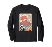MT Fuji Japón Vintage Kawaguchi Lake Sun Retro Kanji Diseño Manga Larga