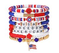 MTAADSO Juego de pulseras de la independencia del 4 de julio, cuentas rojas, azules y blancas, juego de pulseras elásticas patrióticas, regalos para el día de la dependencia, One Size, Arcilla
