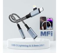 MTAKYI 2 en 2 Lightning USBC a 3,5 mm Auriculares y Adaptador de Carga, [Certificado MFi] USB C a AUX Audio Jack con PD 60 W Carga rápida dongle, Adaptador de Auriculares para iPhone 16/15 14/13