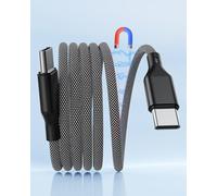 MTAKYI Cable USB C, Cable de Carga Magnético USB C a USB C 60W (3A) | Cable Enrollado Plano 1m Tipo-C Trenzado en Nylon Carga Rápida Compatible con iPhone 16/15 & Samsung Galaxy | Negro