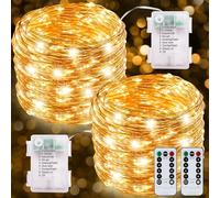 MTINRNI 2 x Guirnalda Luces LED Pilas,12M 120 LED Guirnaldas Luces,Alambre de Cobre,Impermeable IP67,8 Modos, para Decoración Navidad,Decorar Fiesta,jardines,fiestas,Balcón,Bodas. (Blanco Cálido)