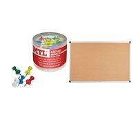 MTL 79212 - Pack de 100 chinchetas + Amazon Basics - Tablón de anuncios, de corcho, con marco de aluminio, 90 x 60 cm