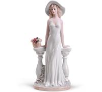 MTME Figuras de porcelana, At the Balaustrade-A Moment to Breathe, estatua de dama pintada a mano con vestido blanco y sombrero ancho con cesta de rosas, regalo de cumpleaños para ella