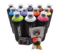 MTN Hardcore Pintura en Aerosol, 12 Colores Surtidos, 400 Mililitros, para Graffiti y Arte Urbano, con 6 boquillas de repuesto + 1sticker MTN