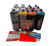 MTN Montana Black Pack - Juego de 12 Pinturas en Aerosol para Graffiti Mural Street Art (12x400 ml, 6 Boquillas de Repuesto de Diferentes Tamaños) Acabado Mate y Secado Rápido