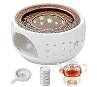 Mture Calientaplatos para tetera, tetera de cerámica, calentador de cerámica, diseño tallado, calentador de porcelana con portavelas, 5 velas y alfombrilla para café, té, leche
