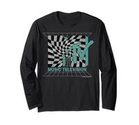 MTV Distressed Grid and Warped Checkerboard Logo Manga Larga