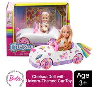 Mu eca Barbie Chelsea y coche de juguete con tem tica de unicornio. Mu eca rubia peque a con falda extra ble. Hoja de pegatinas y accesorios para
