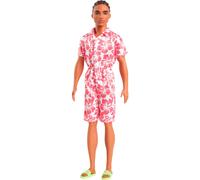 Mu eca Barbie Fashionista Ken n. 235 con cabello casta o trenzado, mono coral con estampado hawaiano y sandalias verdes