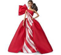 Mu eca Barbie Holiday 2019 de 11.5 pulgadas, morena, con vestido rojo y blanco, con peana y certificado de autenticidad.