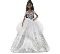 Mu eca Barbie Signature 2021 Holiday (12 pulgadas, cabello casta o trenzado) con vestido plateado, peana y certificado de autenticidad. Regalo pa
