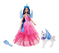 Mu eca Barbie Unicornio conmemorativa del 65. aniversario con cabello azul, vestido rosa y accesorios como alas de zafiro y mascota Alicornio HR