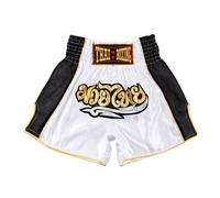 MUAY NATION Pantalones Cortos de Muay Thai para Hombres y Mujeres, Corte Ajustado, Shorts de Boxeo MMA para Entrenamiento, Ropa de Kickboxing (FR/ES, Letras, L, Regular, Regular, Blanco Clásico)