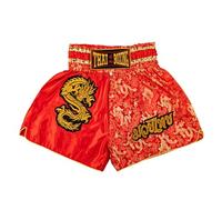 MUAY NATION Pantalones Cortos de Muay Thai para Hombres y Mujeres, Corte Ajustado, Shorts de Boxeo MMA para Entrenamiento, Ropa de Kickboxing (FR/ES, Letras, L, Regular, Regular, Dragón Rojo)