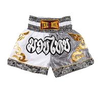 MUAY NATION Pantalones Cortos de Muay Thai para Hombres y Mujeres, Corte Ajustado, Shorts de Boxeo MMA para Entrenamiento, Ropa de Kickboxing (FR/ES, Letras, XL, Regular, Regular, Blanco/Gris)