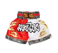 MUAY NATION Pantalones Cortos de Muay Thai para Hombres y Mujeres, Corte Ajustado, Shorts de Boxeo MMA para Entrenamiento, Ropa de Kickboxing (FR/ES, Letras, L, Regular, Regular, Blanco/Rojo)