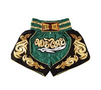 MUAY NATION Pantalones Cortos de Muay Thai para Hombres y Mujeres, Corte Ajustado, Shorts de Boxeo MMA para Entrenamiento, Ropa de Kickboxing (FR/ES, Letras, XL, Regular, Regular, Verde)