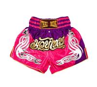 MUAY NATION Pantalones Cortos de Muay Thai para Hombres y Mujeres, Corte Ajustado, Shorts de Boxeo MMA para Entrenamiento, Ropa de Kickboxing (FR/ES, Letras, XL, Regular, Regular, PRM Rosa/Morado)
