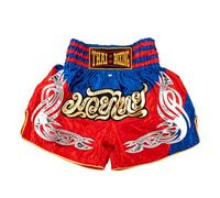 MUAY NATION Pantalones Cortos de Muay Thai para Hombres y Mujeres, Corte Ajustado, Shorts de Boxeo MMA para Entrenamiento, Ropa de Kickboxing (FR/ES, Letras, XL, Regular, Regular, PRM Rojo/Azul)
