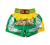 MUAY NATION Pantalones Cortos de Muay Thai para Hombres y Mujeres, Corte Ajustado, Shorts de Boxeo MMA para Entrenamiento, Ropa de Kickboxing (FR/ES, Letras, XXL, Regular, Regular, PRM Amarillo/Verde)