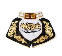 MUAY NATION Pantalones Cortos de Muay Thai para Hombres y Mujeres, Corte Ajustado, Shorts de Boxeo MMA para Entrenamiento, Ropa de Kickboxing (FR/ES, Letras, M, Regular, Regular, Blanco)