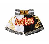 MUAY NATION Pantalones Cortos de Muay Thai para Hombres y Mujeres, Corte Ajustado, Shorts de Boxeo MMA para Entrenamiento, Ropa de Kickboxing (FR/ES, Letras, XL, Regular, Regular, Blanco/Negro)