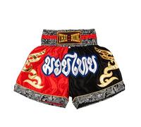 MUAY NATION Pantalones Cortos de Muay Thai para Hombres y Mujeres, Corte Ajustado, Shorts de Boxeo MMA para Entrenamiento, Ropa de Kickboxing (FR/ES, Letras, L, Regular, Regular, Rojo/Negro)