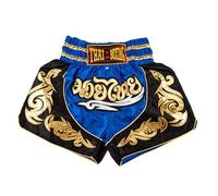 MUAY NATION Pantalones Cortos de Muay Thai para Hombres y Mujeres, Corte Ajustado, Shorts de Boxeo MMA para Entrenamiento, Ropa de Kickboxing (FR/ES, Letras, M, Regular, Regular, Azul)