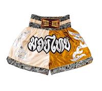 MUAY NATION Pantalones Cortos de Muay Thai para Hombres y Mujeres, Corte Ajustado, Shorts de Boxeo MMA para Entrenamiento, Ropa de Kickboxing (FR/ES, Letras, XXL, Regular, Regular, Crema/Dorado)