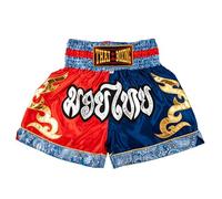 MUAY NATION Pantalones Cortos de Muay Thai para Hombres y Mujeres, Corte Ajustado, Shorts de Boxeo MMA para Entrenamiento, Ropa de Kickboxing (FR/ES, Letras, L, Regular, Regular, Azul/Rojo)