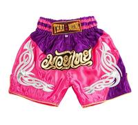 MUAY NATION Pantalones Cortos de Muay Thai para Niños (2 Años - 12 Años) Niñas Niños Pantalones de Boxeo para Kickboxing MMA Artes Marciales (FR/ES, Edad, 6 años, 8 años, Regular, PRM Rosa/Morado)