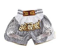MUAY NATION Pantalones Cortos de Muay Thai para Niños (2 Años - 12 Años) Niñas Niños Pantalones de Boxeo para Kickboxing MMA Artes Marciales (FR/ES, Edad, 4 años, 6 años, Regular, PRM Blanco/Gris)