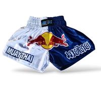 Muay Thai Shorts - Pantalones cortos de boxeo tailandés, Kick Boxing MMA Satinado Bulls, Blanco-Azul, Medium