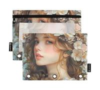 Mucha Style Beauty School - Estuche para lápices con ventana transparente en varios colores, carpeta de 3 anillos para suministros de oficina, multicolor, 2 unidades