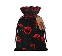Muchas bolsas de cordón de celosía con estampado de fondo negro y rosa roja, bolsas de regalo de Navidad, bolsas de regalo de fiesta