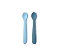 Muchmellow - Set de 2 Cucharas Silicona Bebé MADE in ITALY para Blw con Estuche de Viaje, Ergonómicas, Sin Plástico, Sin BPA, Apto para Lavavajillas (azul claro + azul)