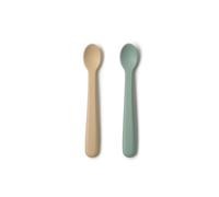 Muchmellow - Set de 2 Cucharas Silicona Bebé para Blw MADE in ITALY con Estuche de Viaje, Ergonómicas, Sin Plástico, Sin BPA, Apto para Lavavajillas (beige + verde)