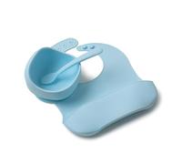 Muchmellow - Set de Alimentación de 3 Piezas, Made in Italy, Bol con Ventosa Antivuelco, Cuchara, Babero con Bolsillo, sin BPA, Lavavajillas (Azul Claro)