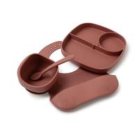 Muchmellow - Set de comida de silicona, fabricado en Italia, 4 piezas, cuenco con ventosa anticaída, plato, cuchara, babero ajustable, destete, sin plástico, BPA Free, lavable en lavavajillas (rojo)