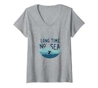 Mucho Tiempo sin mar: Aventura lúdica de Ballena oceánica Camiseta Cuello V, Mujer, Gris Jaspeado, L