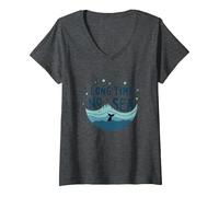 Mucho Tiempo sin mar: Aventura lúdica de Ballena oceánica Camiseta Cuello V, Mujer, Jaspeado Oscuro, XL