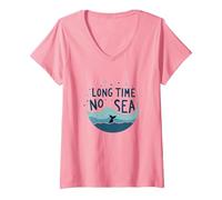 Mucho Tiempo sin mar: Aventura lúdica de Ballena oceánica Camiseta Cuello V, Mujer, Rosado, XL