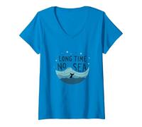 Mucho Tiempo sin mar: Aventura lúdica de Ballena oceánica Camiseta Cuello V, Mujer, Zafiro, L